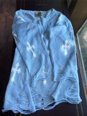 Wildfox Sky Blue Knit Crewneck Sweater with White Crosses